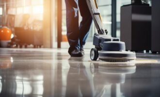 Janitor Cleaning Floor with Polishing Machine Indoors. Generative ai. High quality illustration